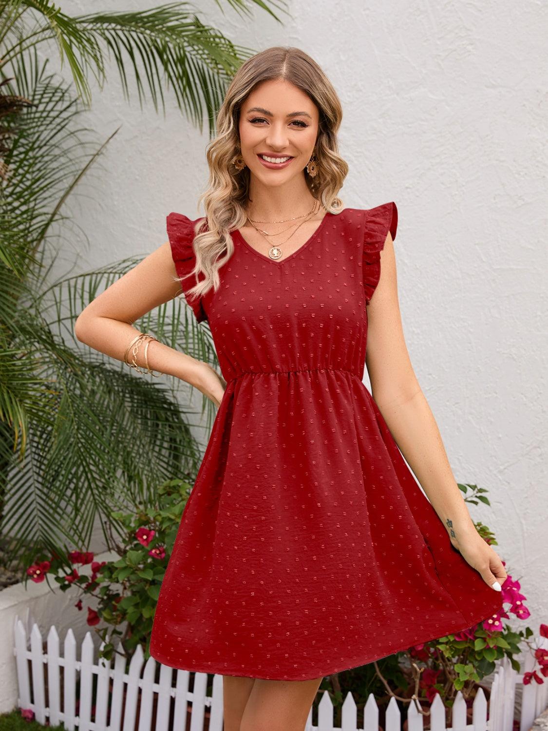 Swiss Dot Ruffled V-Neck Dress Carauana Store
