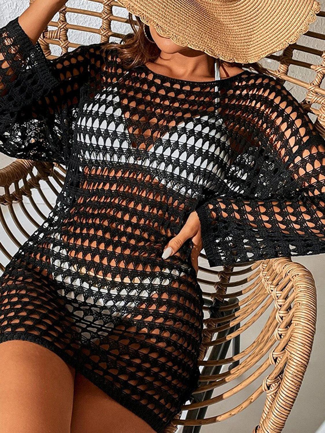 Openwork Boat Neck Long Sleeve Cover-Up Carauana Store