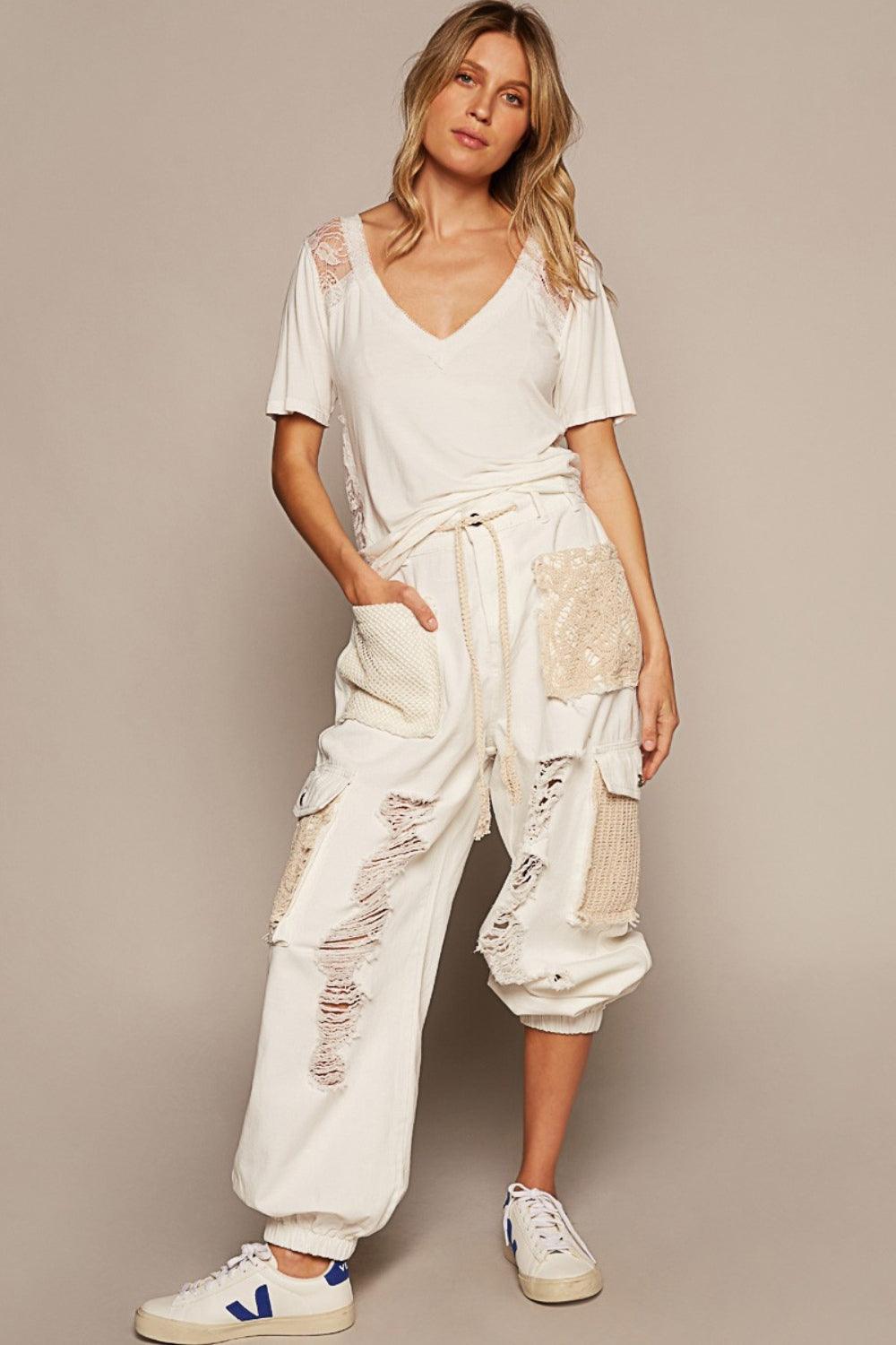 POL V-Neck Short Sleeve Lace Trim Top Carauana Store