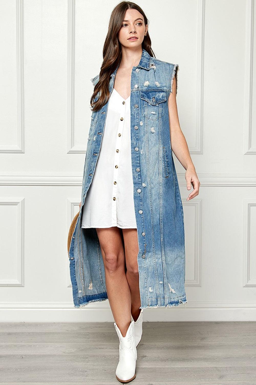 Veveret Full Size Distressed Sleeveless Longline Denim Jacket Carauana Store