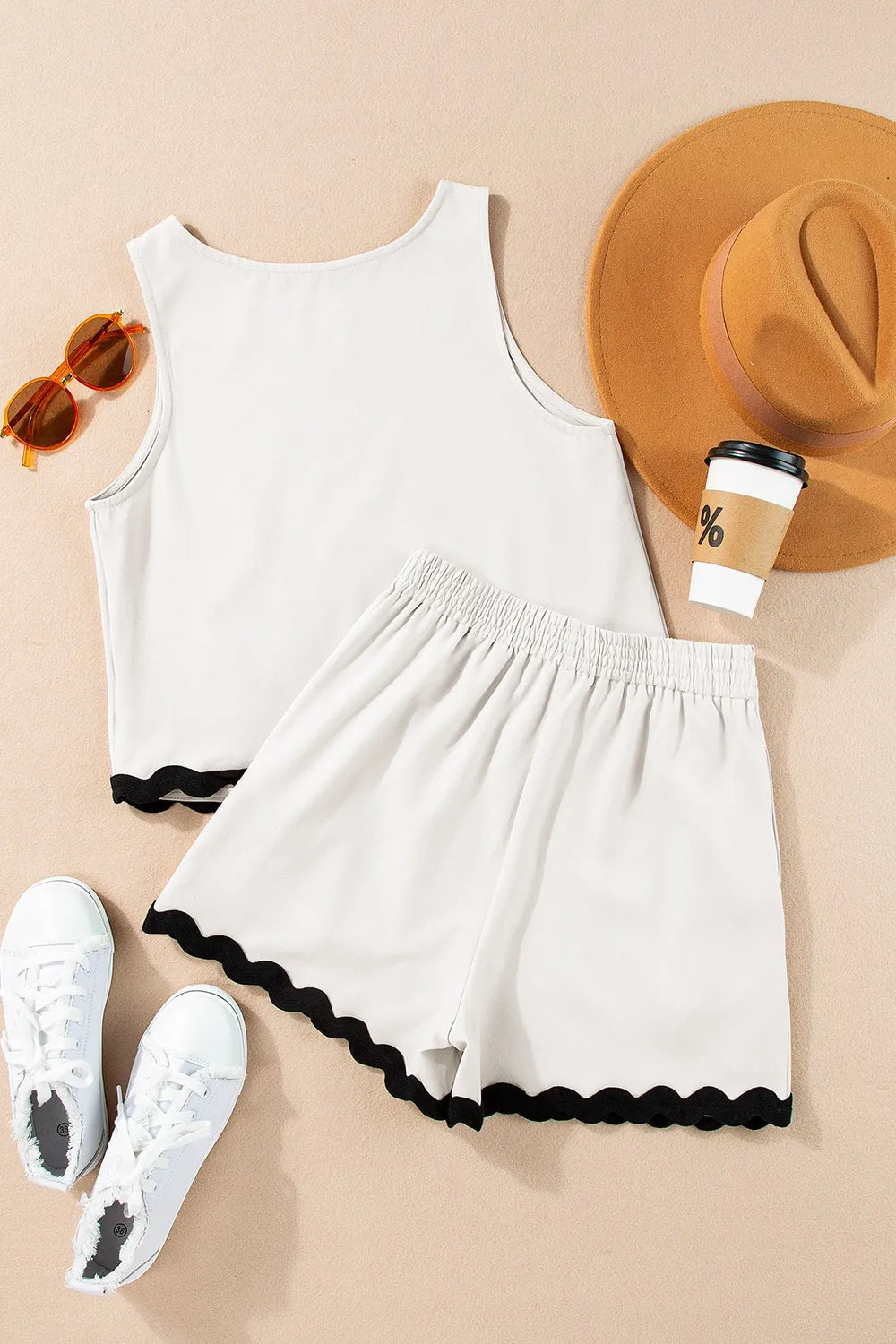 Ricrac Trim Tank Top and Elastic Waist Shorts Set Carauana Store