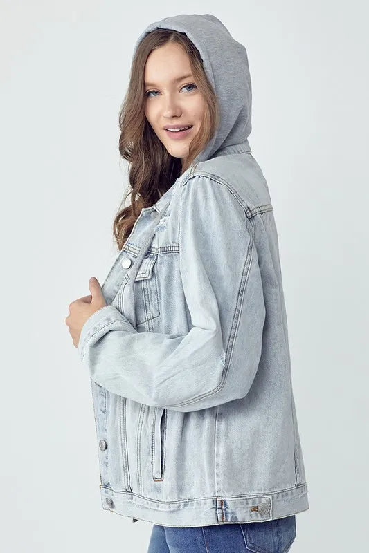 RISEN Full Size Distressed Drawstring Hooded Denim Jacket Carauana Store