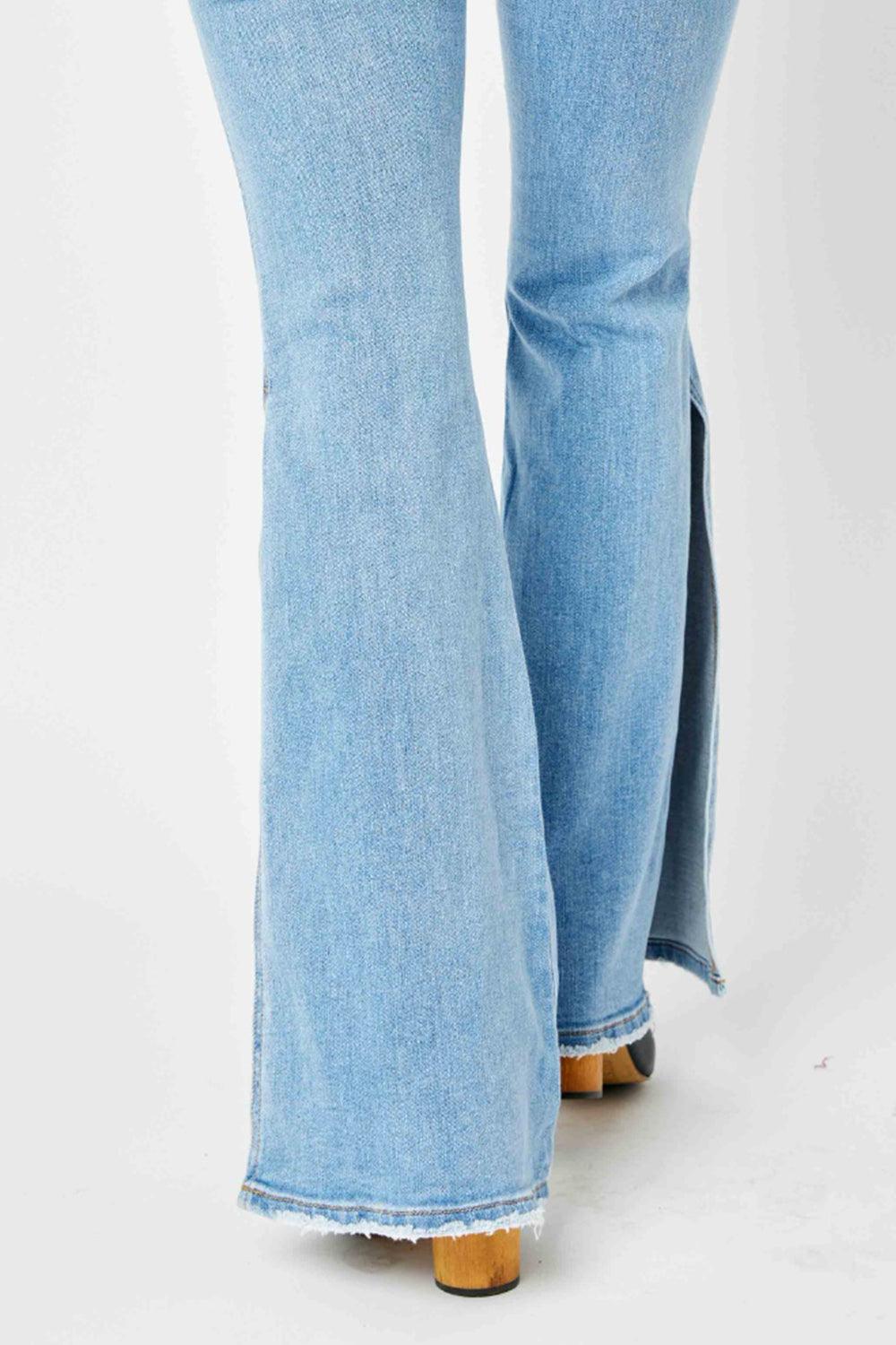 Judy Blue Full Size Mid Rise Raw Hem Slit Flare Jeans Carauana Store