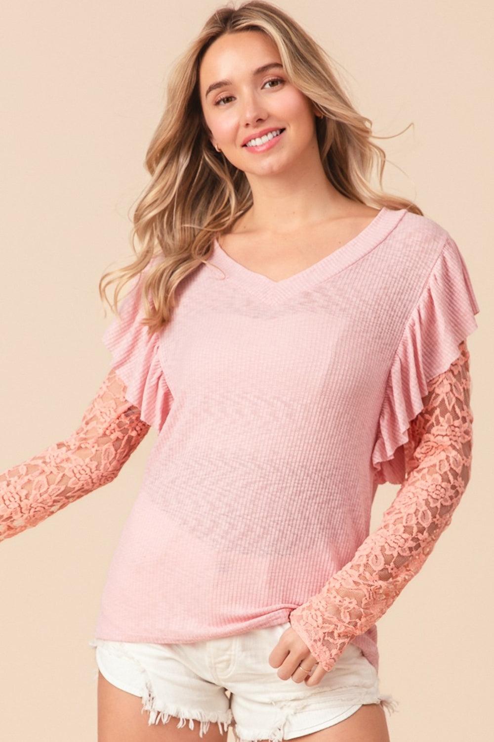 BiBi Ruffled Lace Sleeve Rib Knit Top Carauana Store