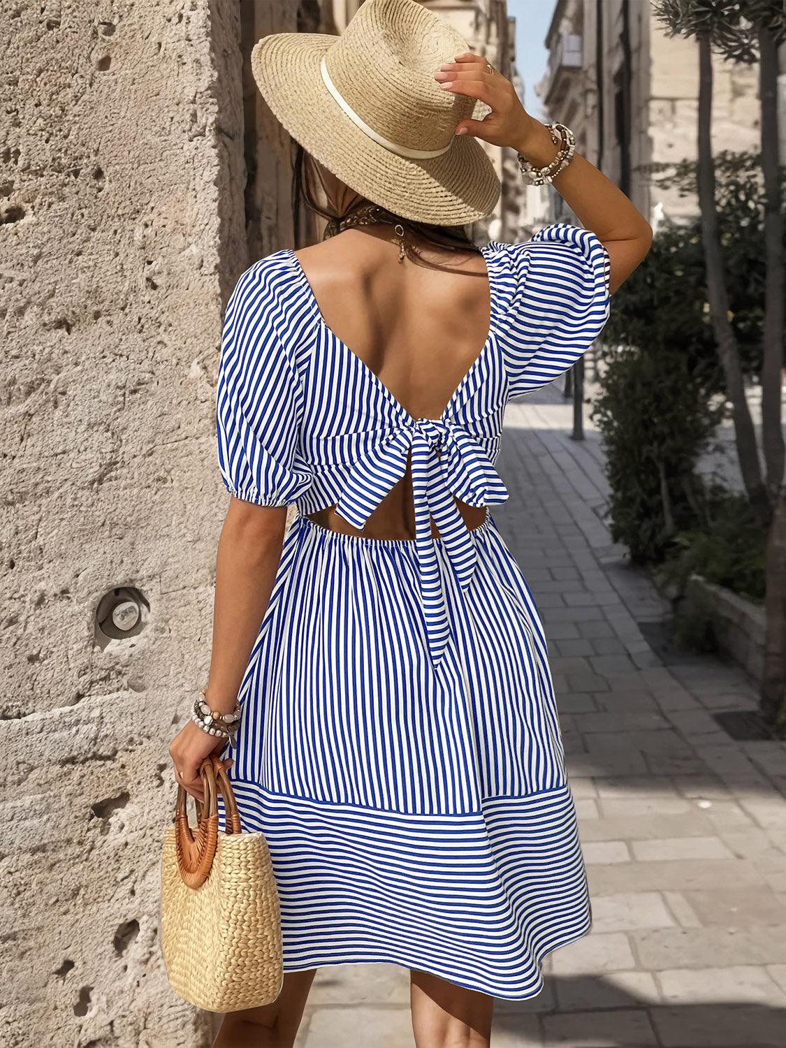 Smocked Striped Balloon Sleeve Mini Dress Carauana Store