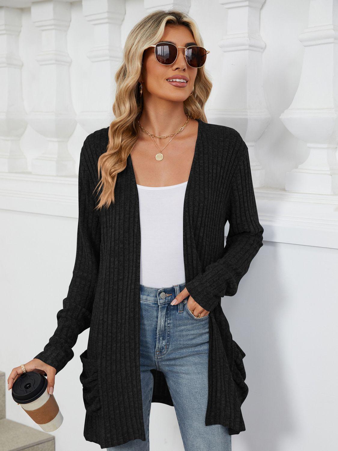 Pocketed Open Front Long Sleeve Cardigan Carauana Store