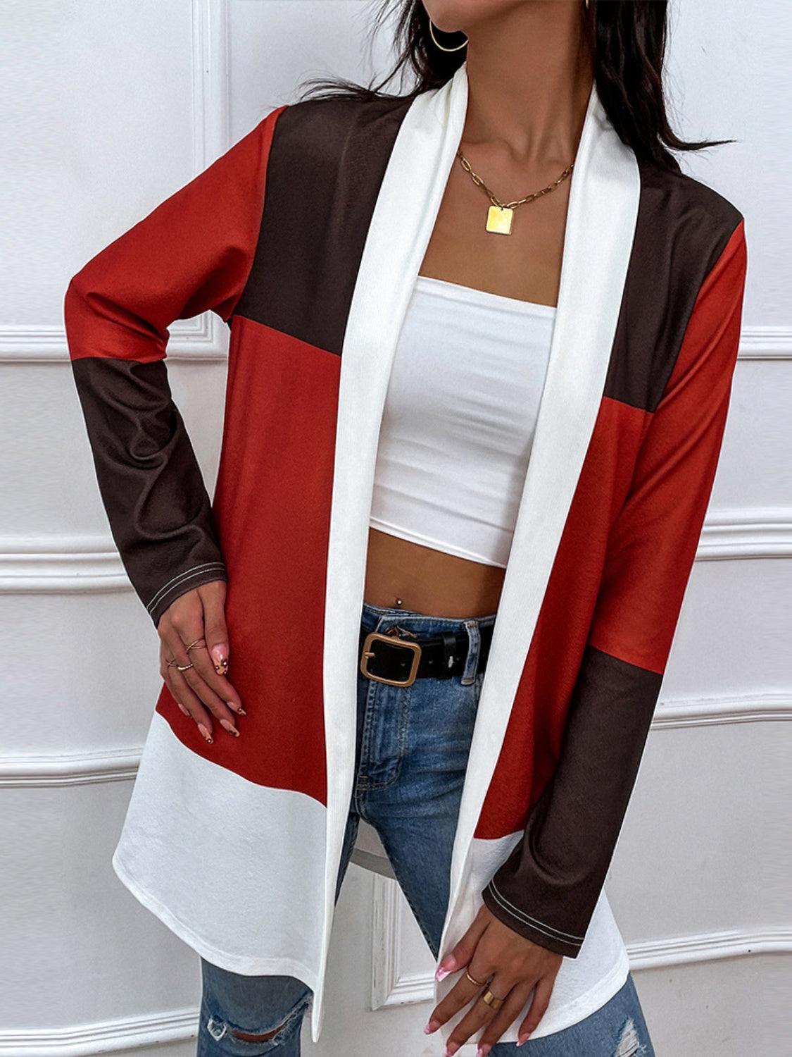 Shiny Color Block Open Front Cardigan Carauana Store