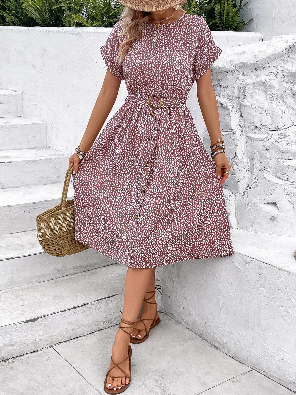 Printed Round Neck Short Sleeve Dress Carauana Store