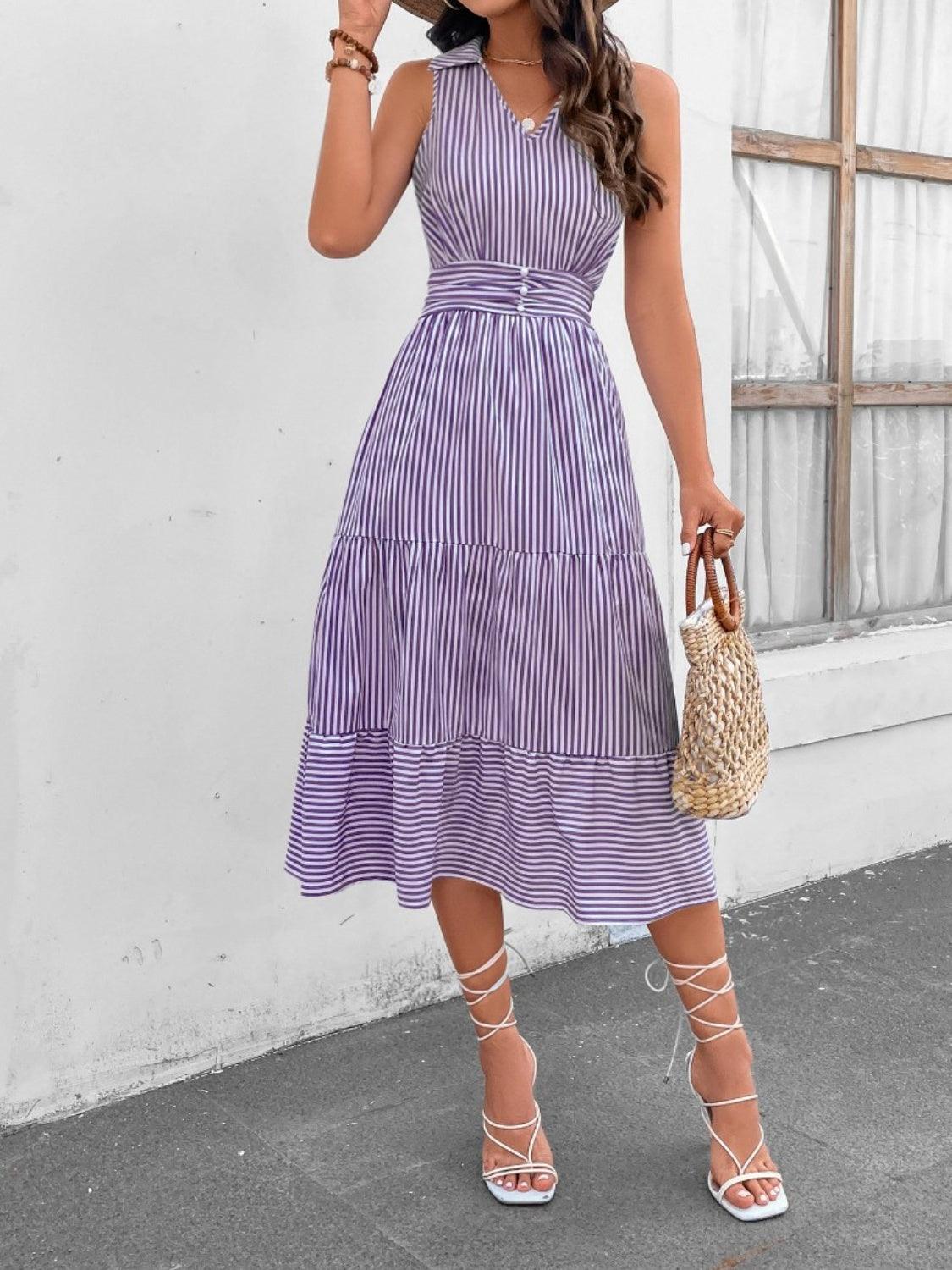Striped Johnny Collar Sleeveless Midi Dress Carauana Store