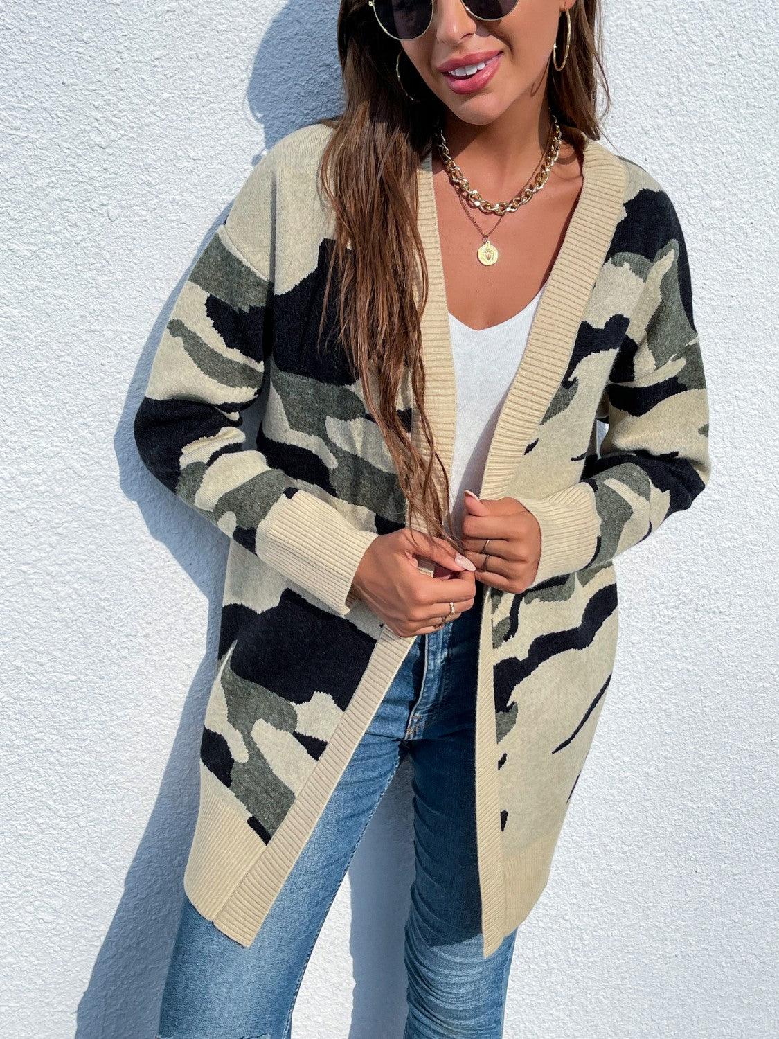 Camouflaged Dropped Shoulder Open Front Cardigan Carauana Store