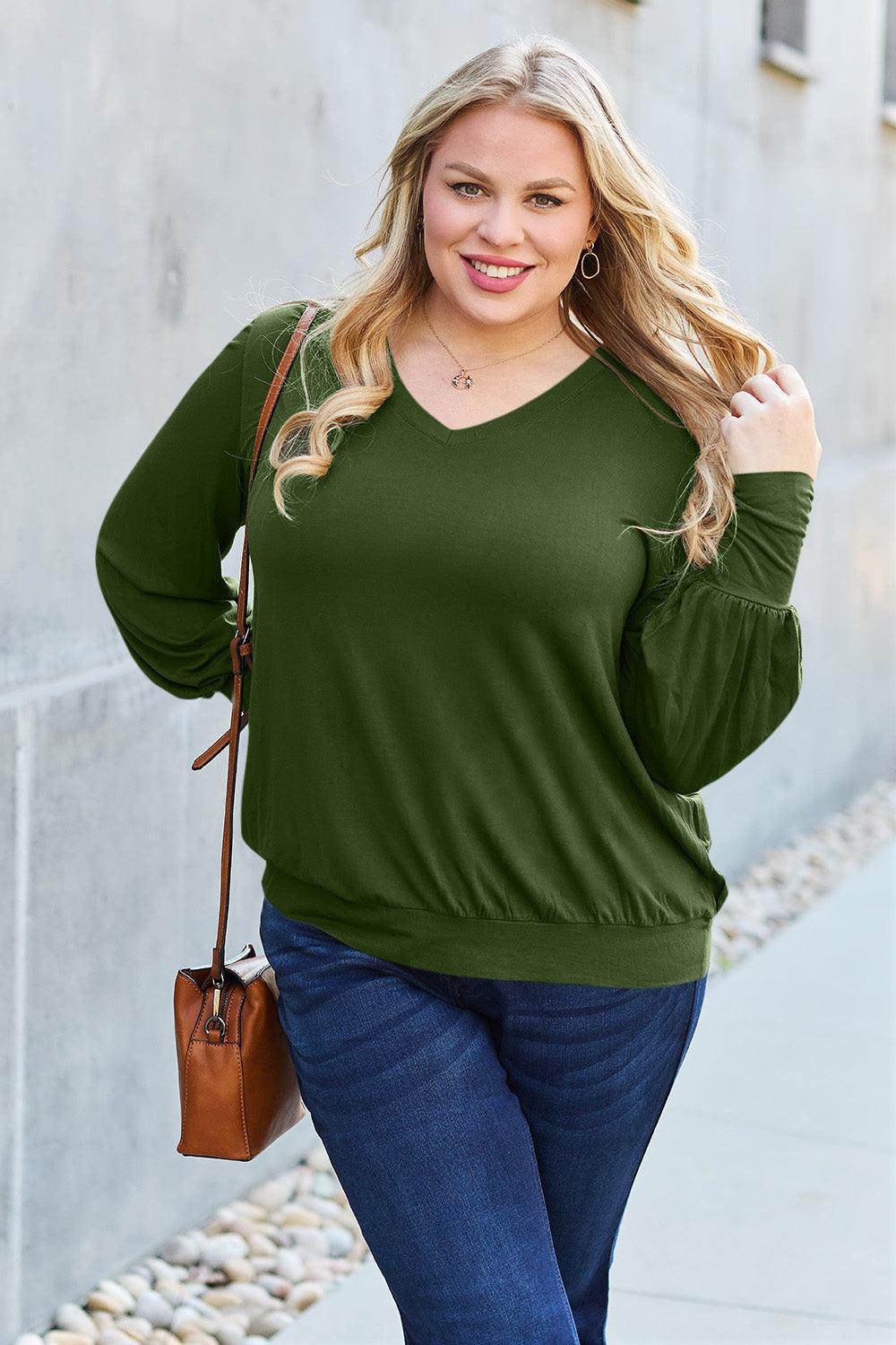 Basic Bae Full Size V-Neck Lantern Sleeve Blouse Carauana Store