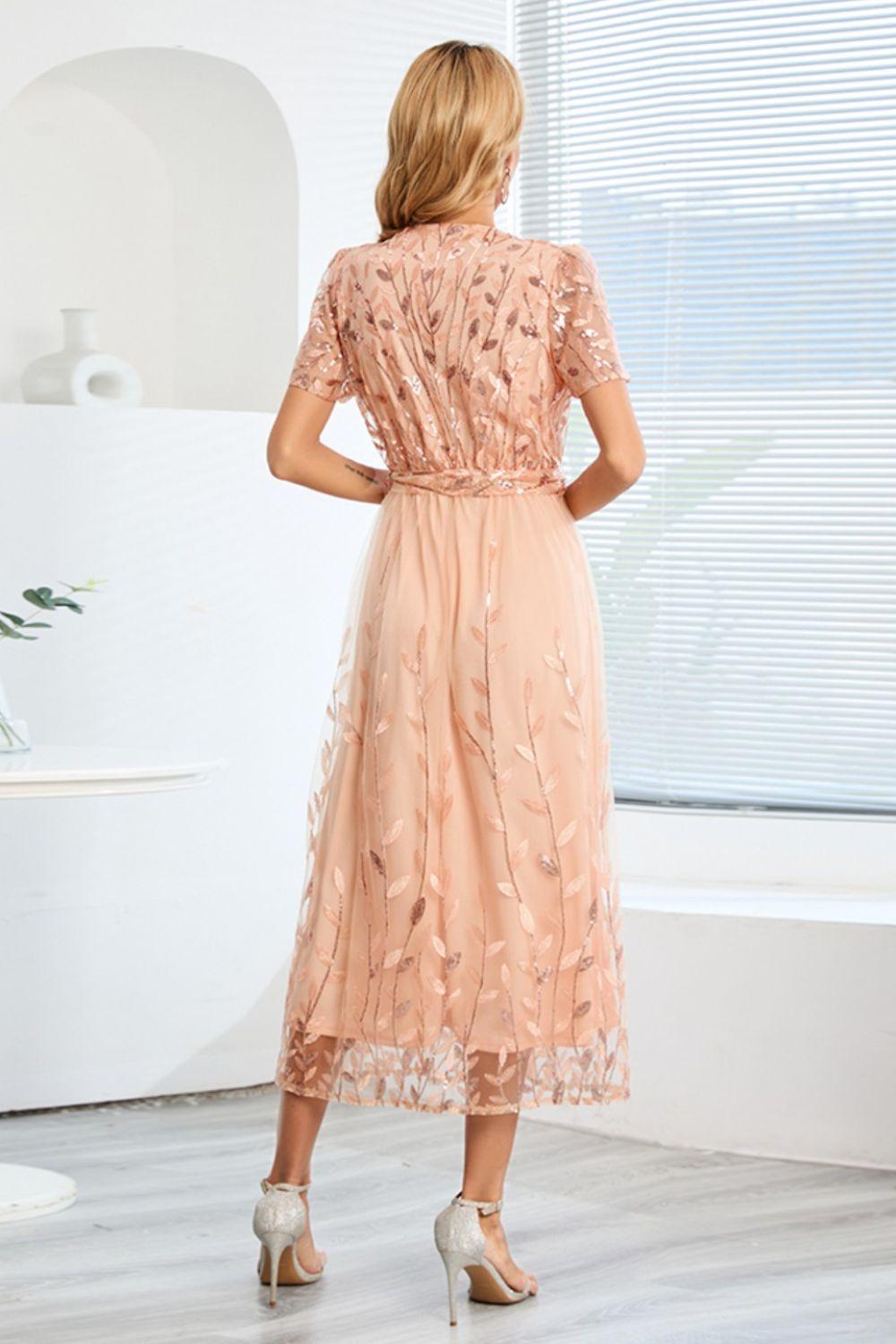 Sequin Leaf Embroidery Tie Front Short Sleeve Dress Carauana Store