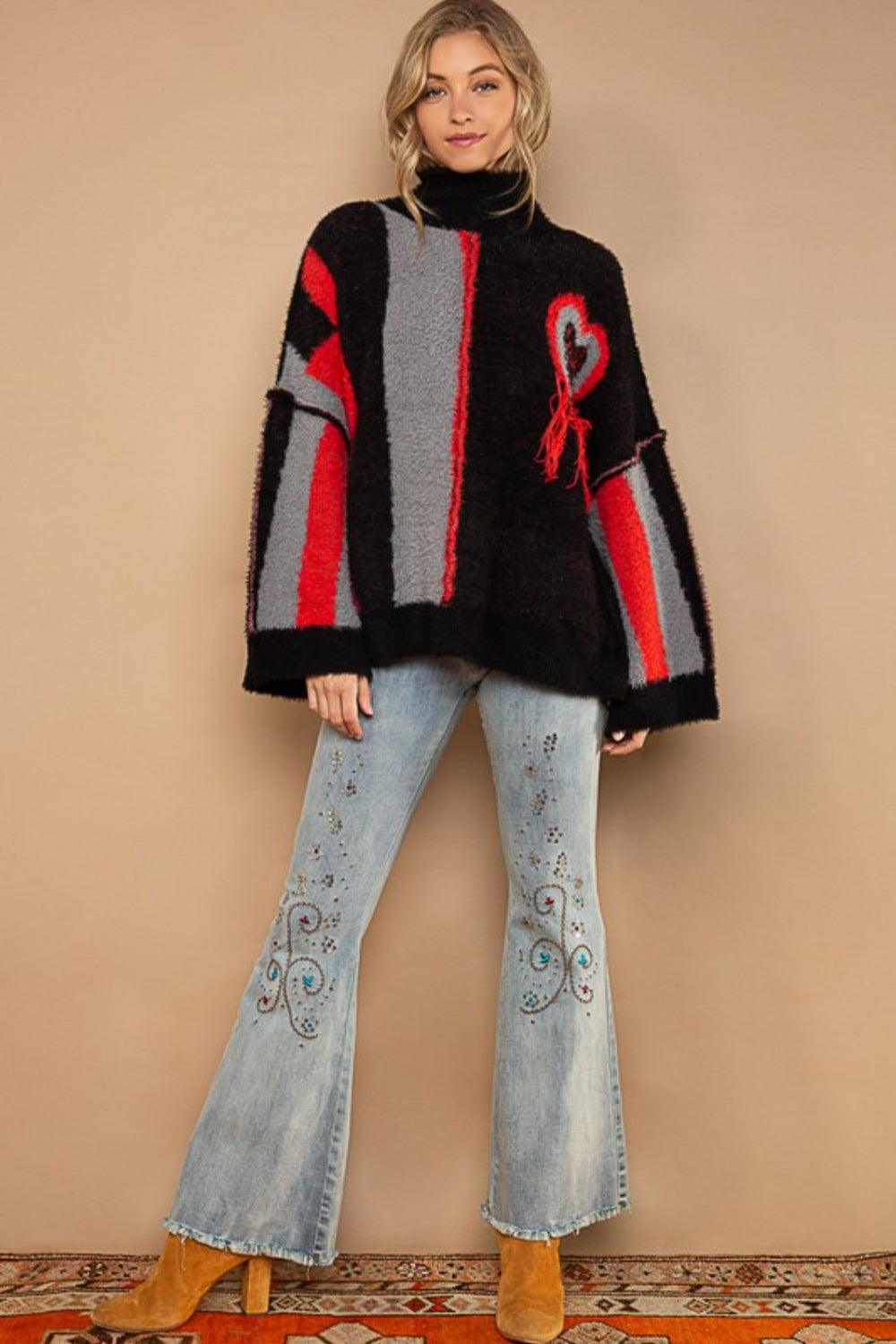 POL Turtleneck Color Block Fringe Detail Sweater Carauana Store