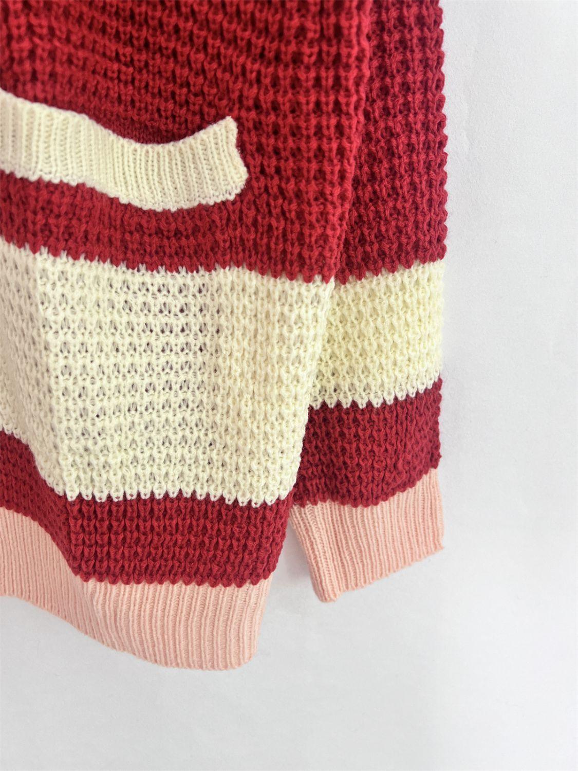 Pocketed Contrast V-Neck Long Sleeve Cardigan Carauana Store