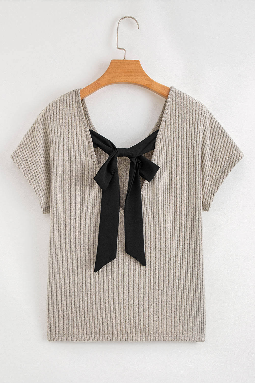 Gray Morn Ribbed Short Sleeve V Neck Colorblock Bow Back Top