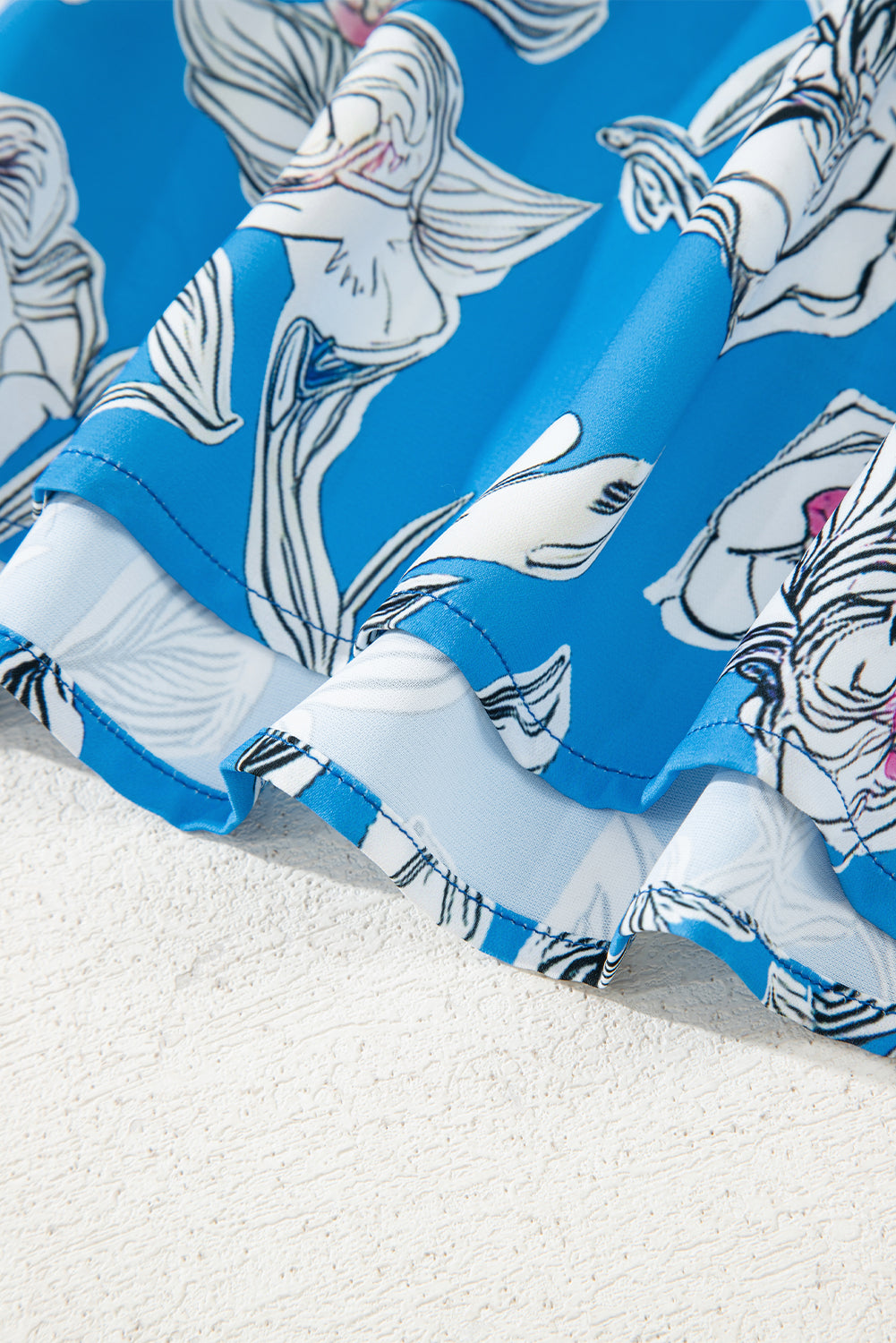 Sky Blue V Neck Floral Print 3/4 Puff Sleeve Blouse