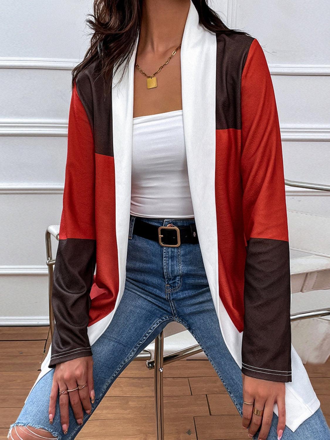 Shiny Color Block Open Front Cardigan Carauana Store