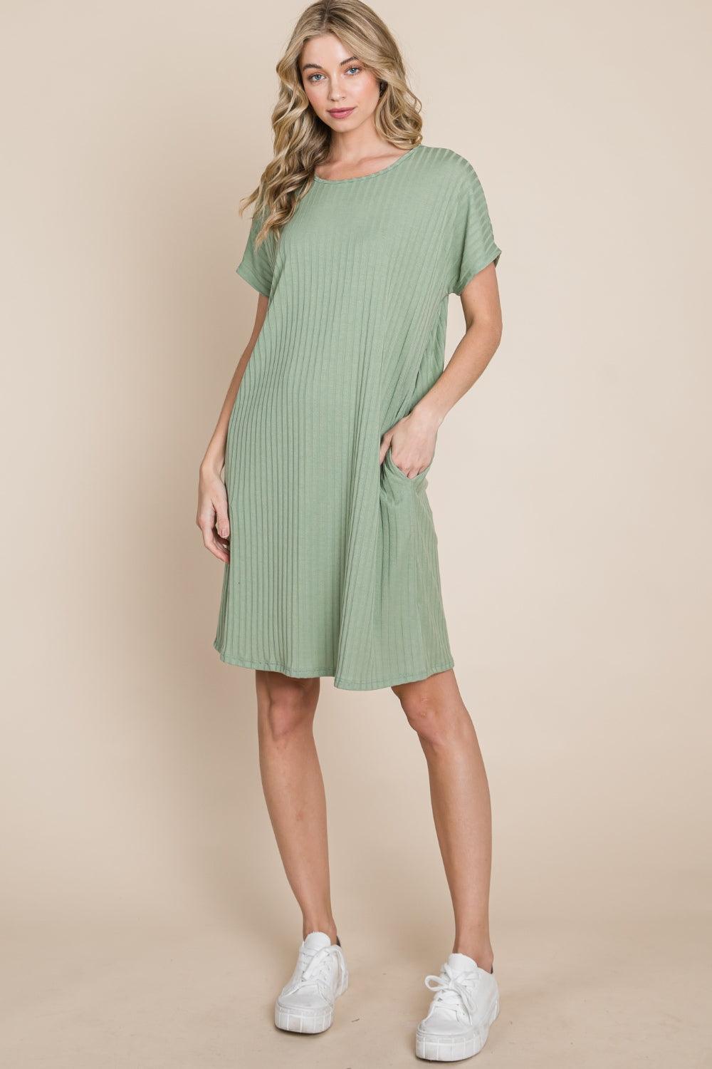 BOMBOM Ribbed Round Neck Short Sleeve Dress Carauana Store