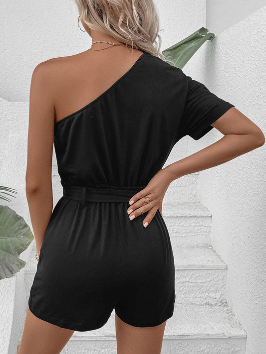 Single Shoulder Tie Waist Romper Carauana Store