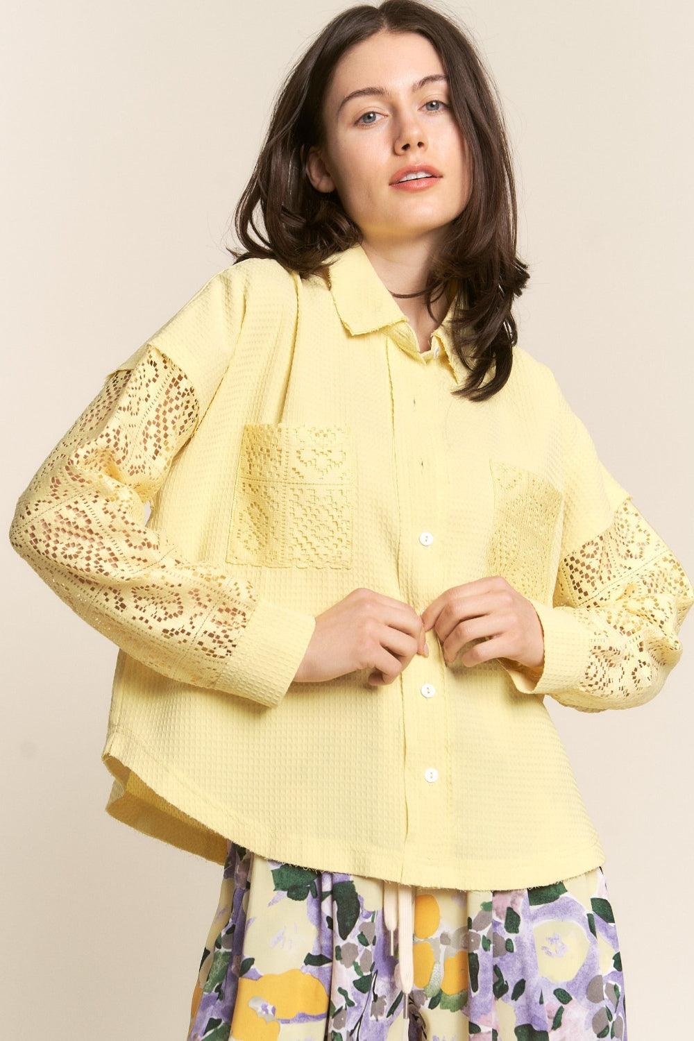 J.NNA Button Down Lace Long Sleeve Waffle Shirt Carauana Store