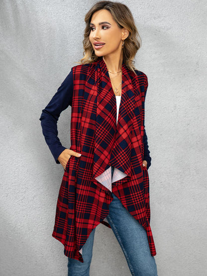 Shiny Plaid Open Front Cardigan