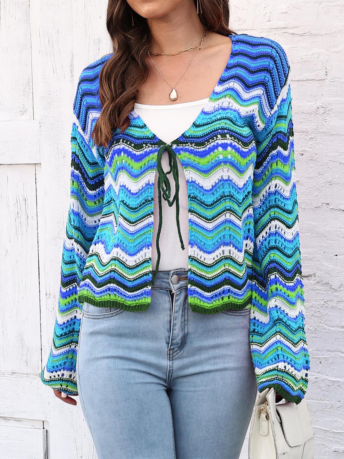 Striped Openwork Tied Cardigan