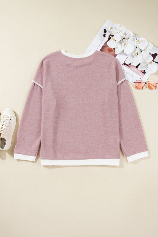 Light Pink Contrast Trim Knitted Drop Shoulder Plus Size Top