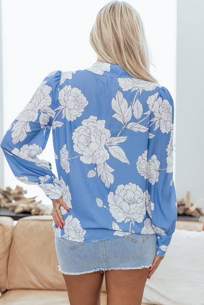 Sky Blue Floral Print Button Up Pleated Detail Puff Sleeve Shirt