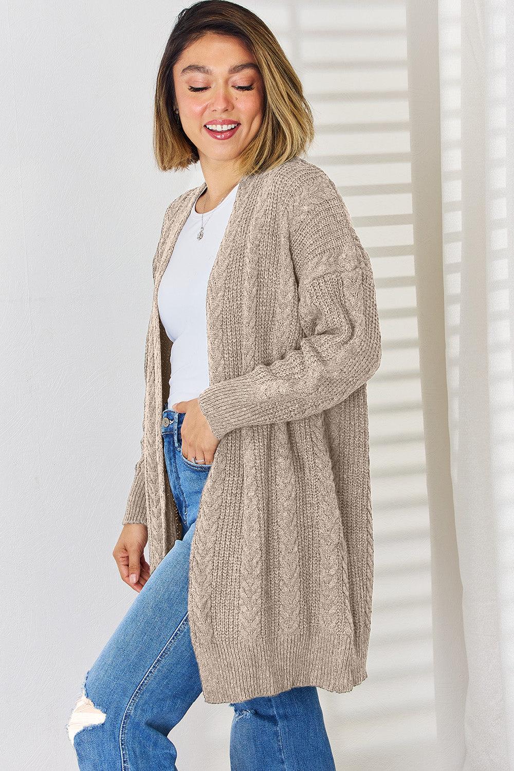 Cable-Knit Open Front Dropped Shoulder Cardigan