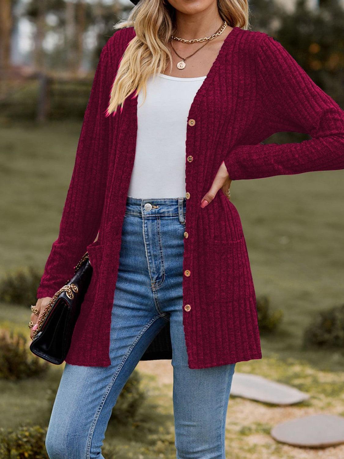 Ribbed Button Up Long Sleeve Cardigan