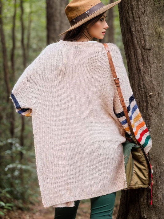 Striped Open Front Long Sleeve Cardigan Carauana Store