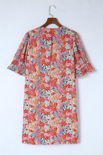 Floral Notched Neck Flounce Sleeve Shift Dress