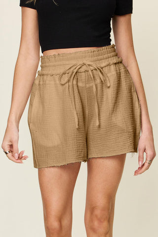 Double Take Full Size Texture Raw Trim Drawstring Shorts