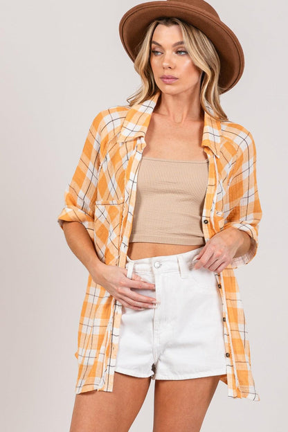 SAGE + FIG Plaid Button Up Side Slit Shirt