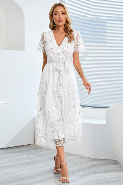 Sequin Leaf Embroidery Tie Front Short Sleeve Dress