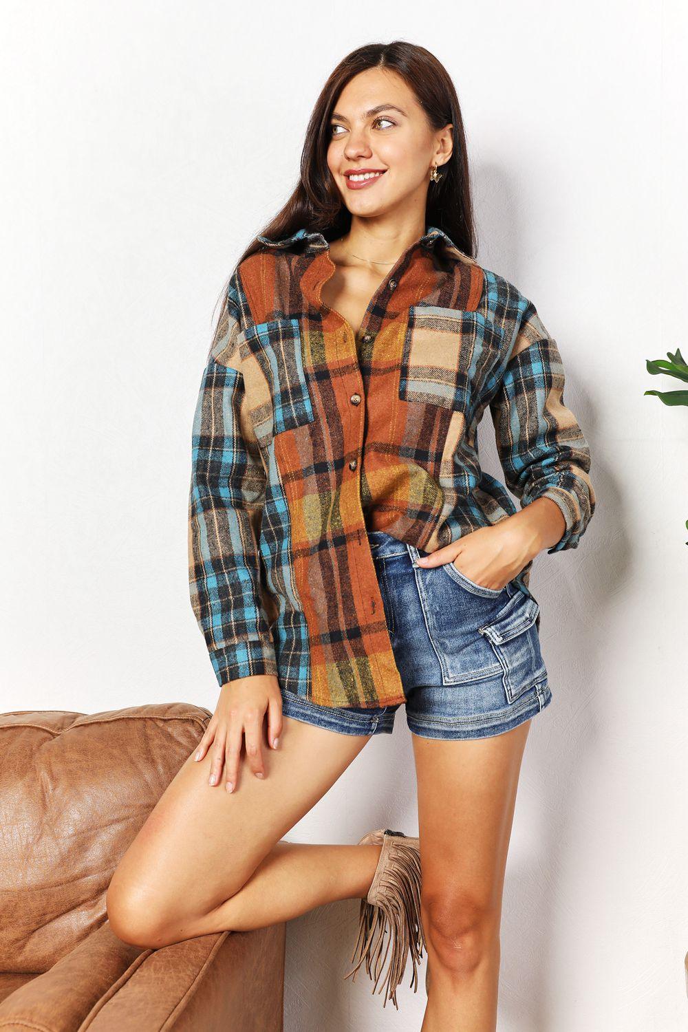 Double Take Plaid Curved Hem Shirt Jacket with Breast Pockets Carauana Store