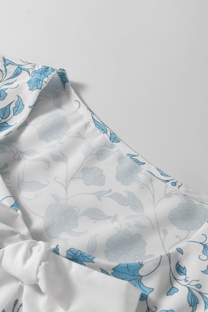 Sky Blue Floral Contrast Bow Puff Sleeve Mini Dress