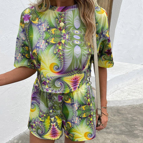 Printed Round Neck Dropped Shoulder Half Sleeve Top and Shorts Set