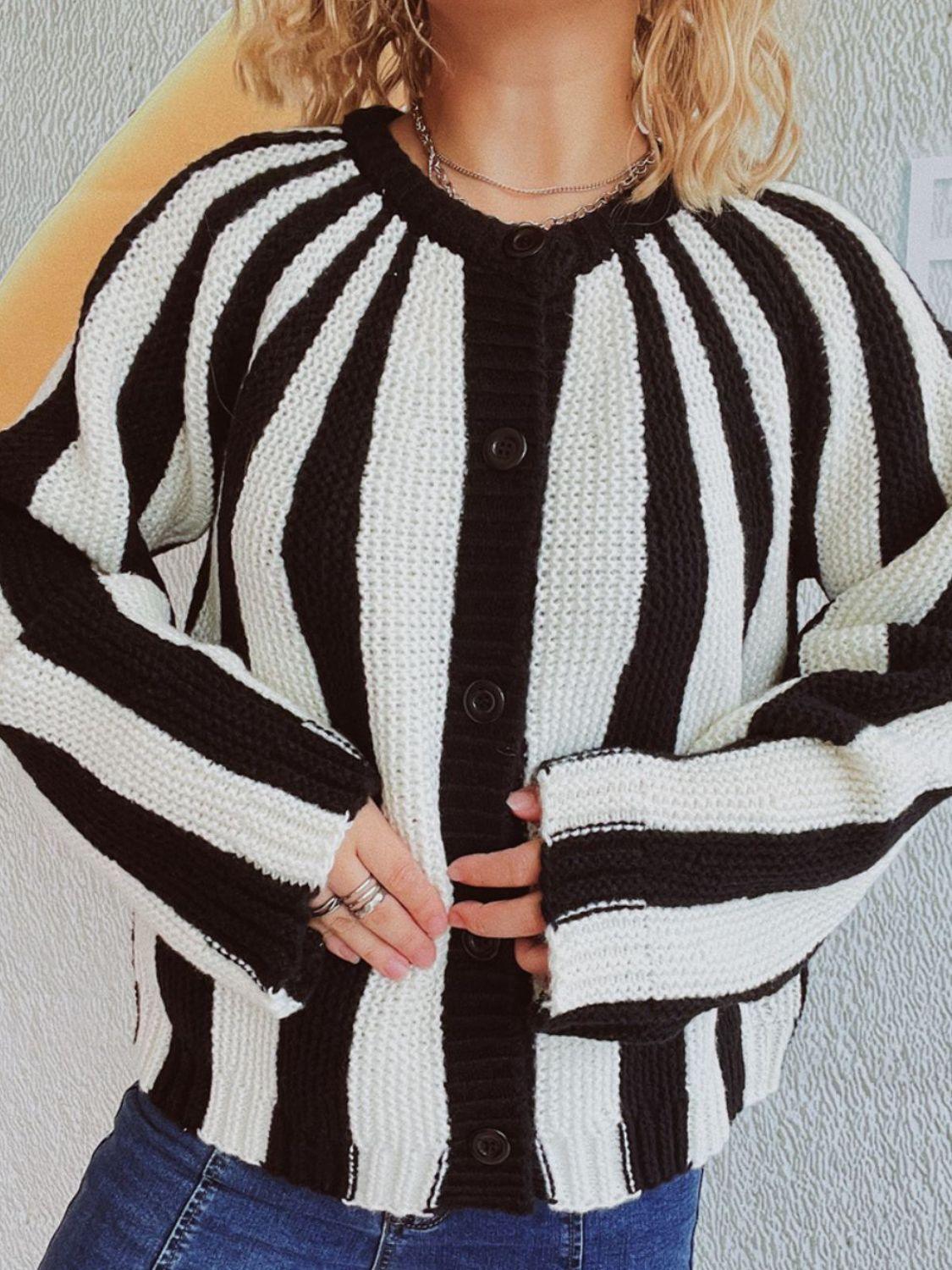 Contrast Stripes Button Down Long Sleeve Cardigan