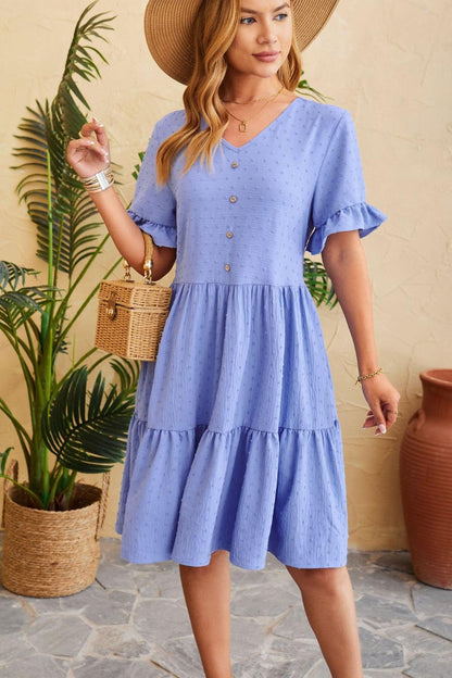 Swiss Dot Ruffled V-Neck Tiered Dress