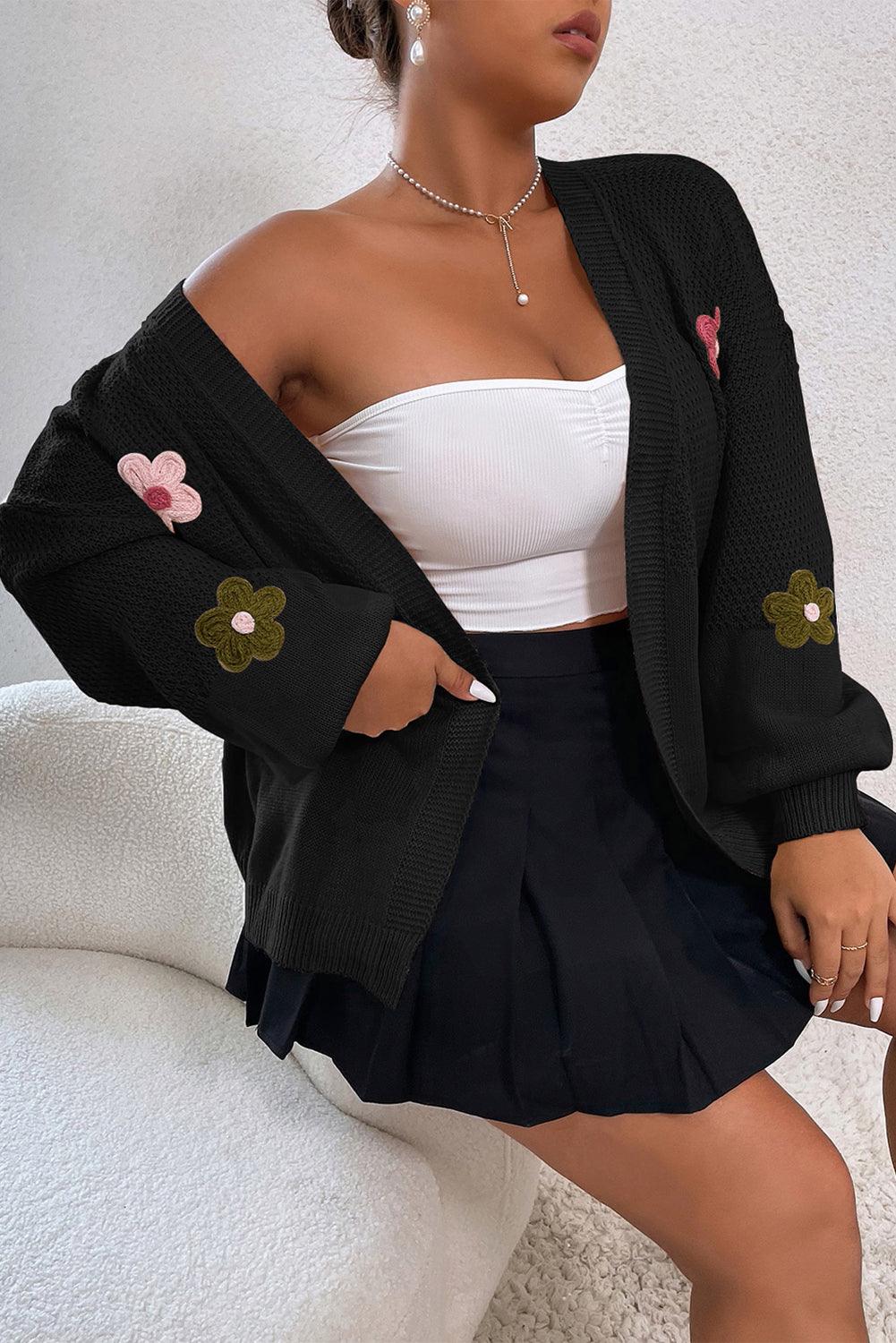 Flower Open Front Dropped Shoulder Cardigan