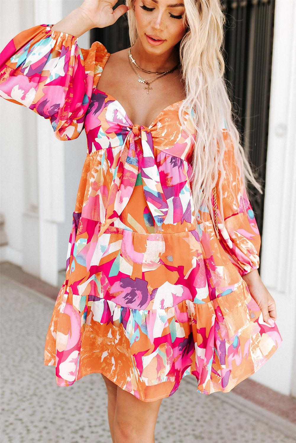 Sweetheart Neck Balloon Sleeve Tiered Mini Dress