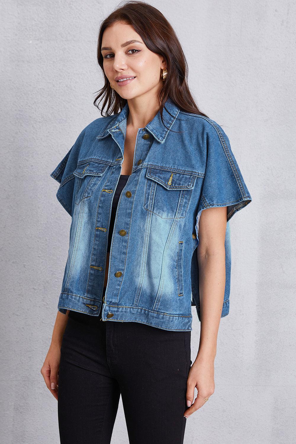 Pocketed Button Up Short Sleeve Denim Top