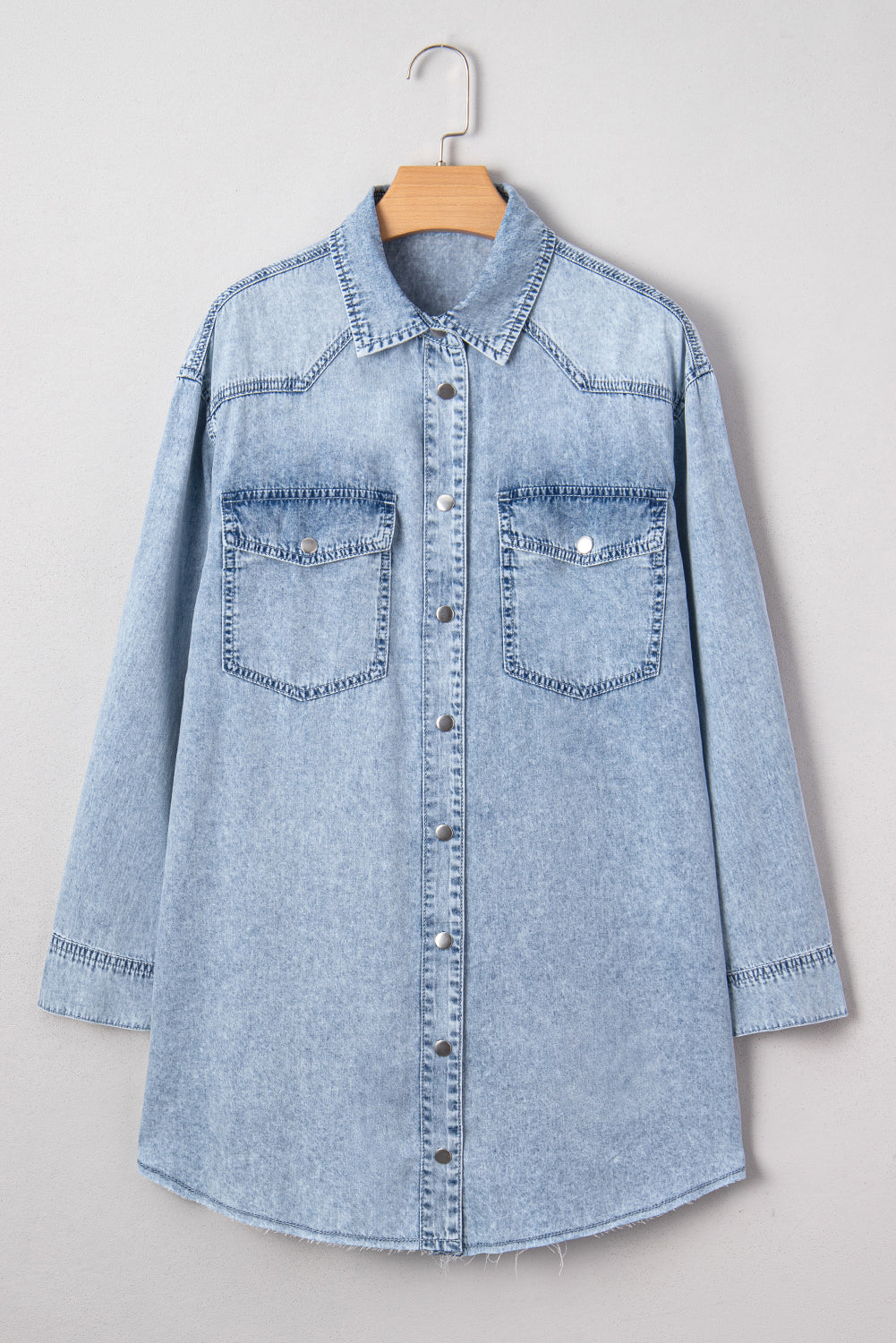 Beau Blue Chest Pocket Raw Hem Denim Loose Shirt Dress