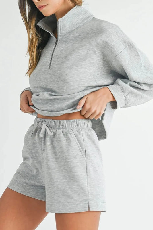 Half Zip Long Sleeve Top and Drawstring Shorts Set Carauana Store
