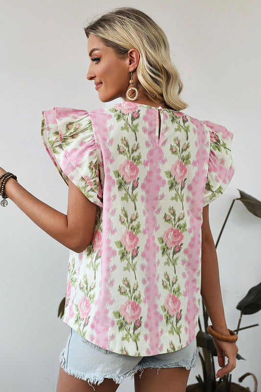 Pink Floral Print Ruffled Sleeve Summer Top