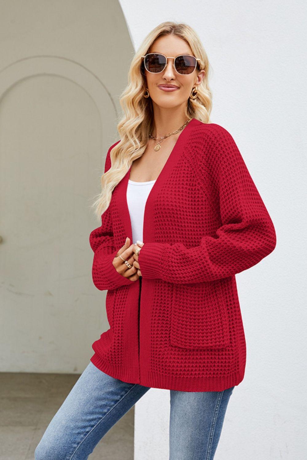 Open Front Raglan Sleeve Pocketed Cardigan