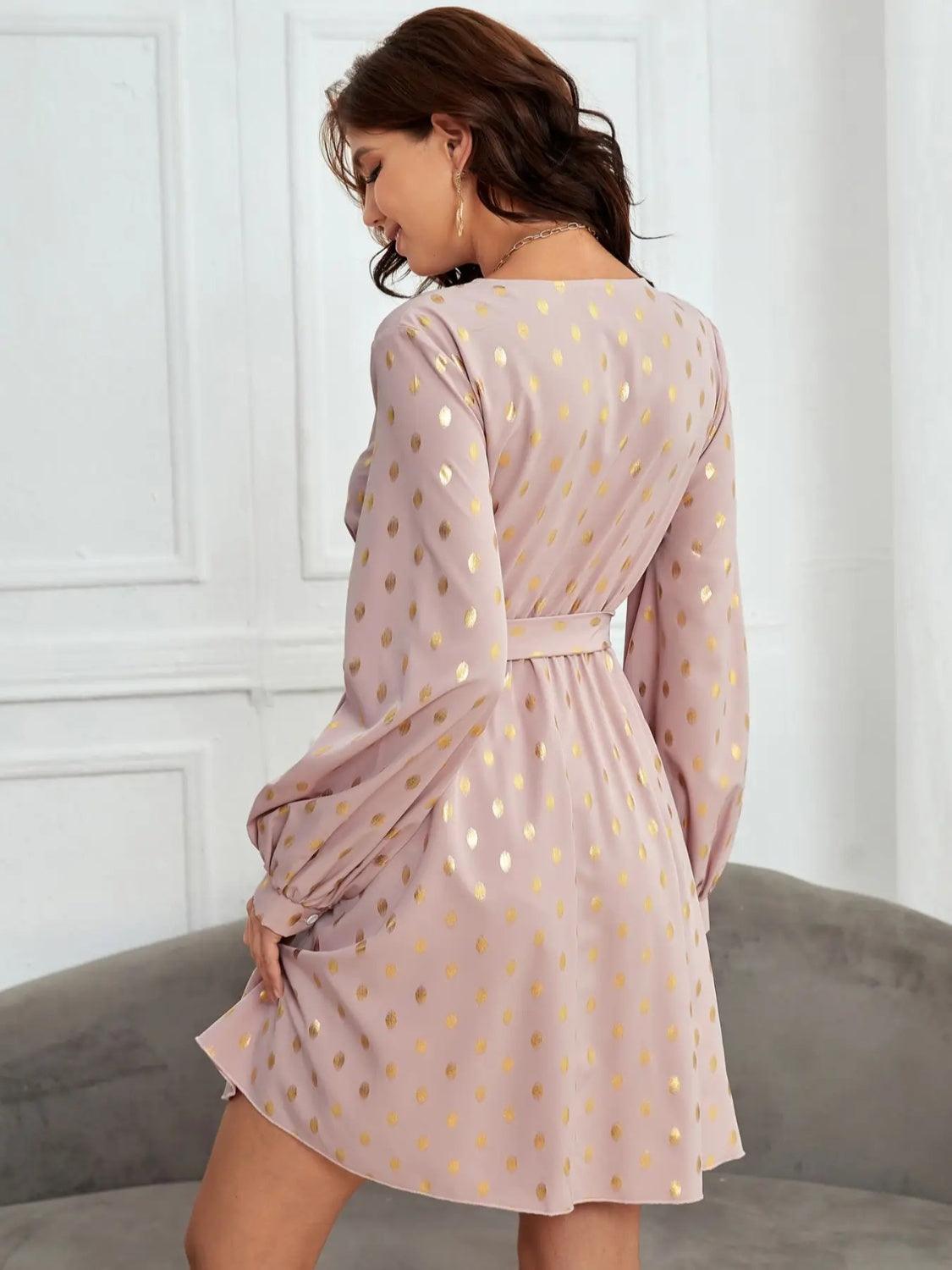 Tied Printed Surplice Long Sleeve Dress