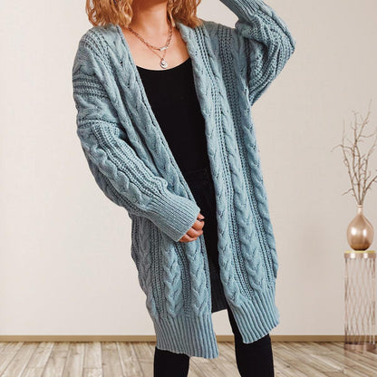 Cable-Knit Open Front Dropped Shoulder Cardigan