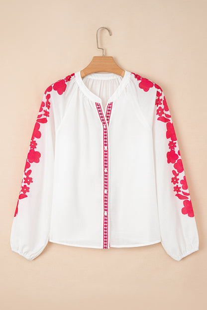 White Floral Embroidered Puff Long Sleeve Casual Shirt